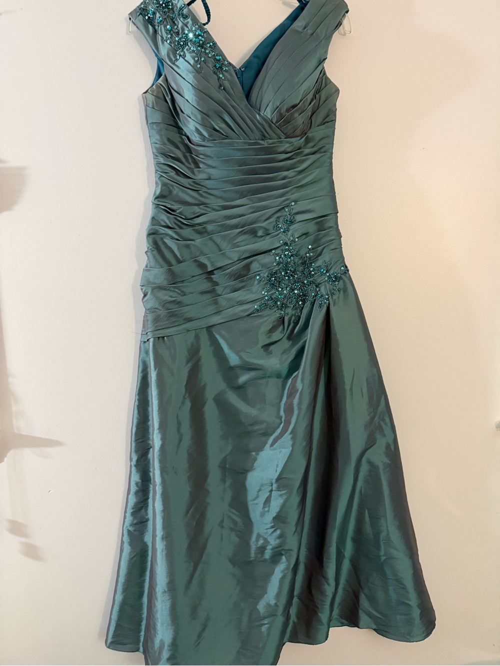 Jovani Teal Iridescent Beaded V-Neck A-Line Evening Gown
